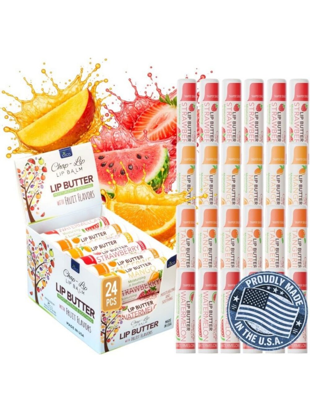 Hydrating Lip Balm Pack - 24 Fruit Flavor Chapsticks with Coconut Oil & Cocoa